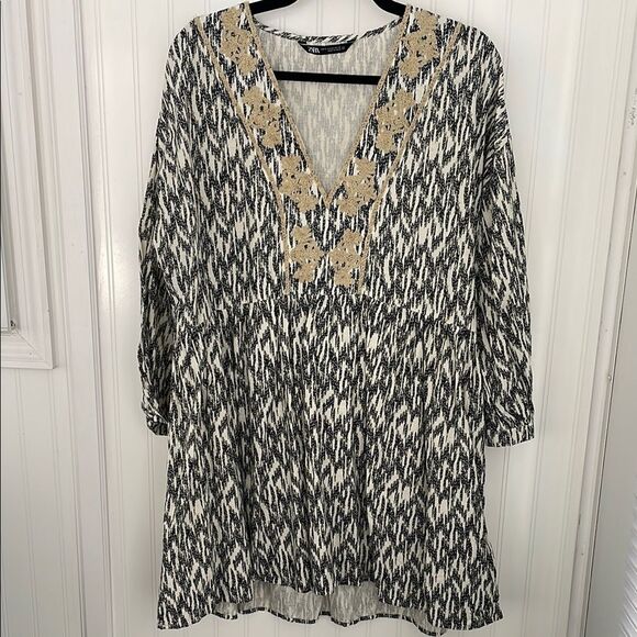 Zara Black and Off-white Dress with Embroidery and Beading Cotton/Linen Blend XL - Picture 1 of 15